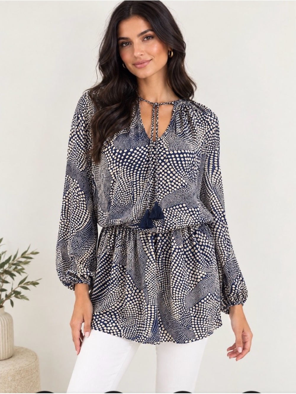 Ramy Brook Navy and White Dot-Print Tie-Neck Tunic